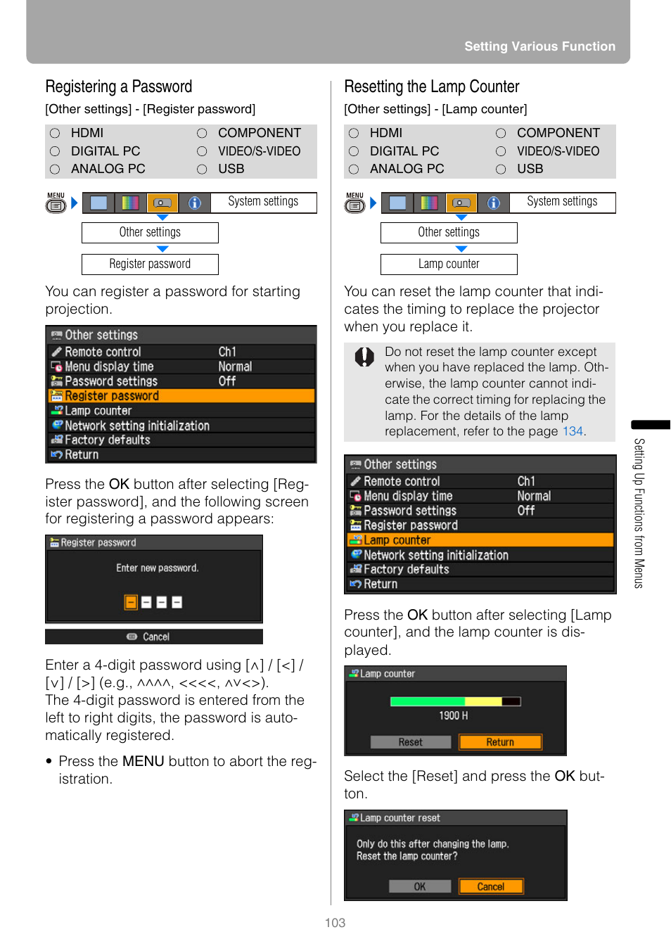 Registering a password, Resetting the lamp counter | Canon HDMI SX800 User Manual | Page 103 / 154