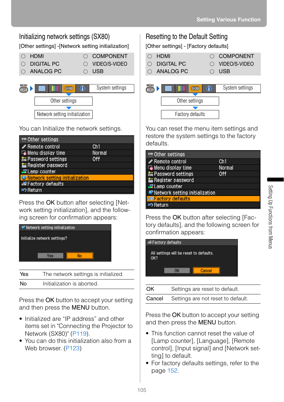 Initializing network settings (sx80), Resetting to the default setting, P105 | Canon HDMI SX800 User Manual | Page 105 / 154