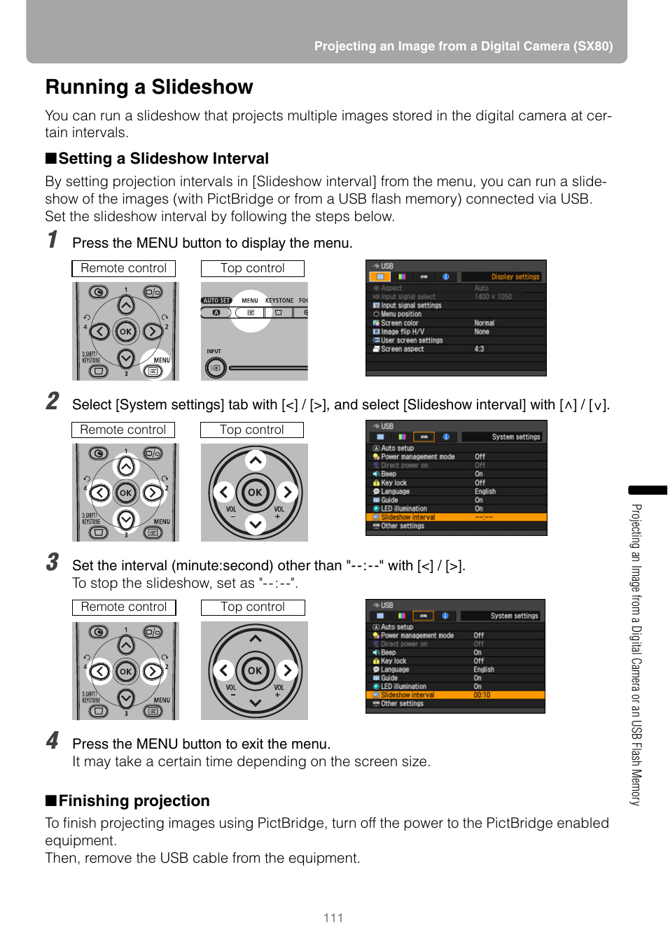 Running a slideshow, Setting a slideshow interval, Finishing projection | P111, Or "p | Canon HDMI SX800 User Manual | Page 111 / 154