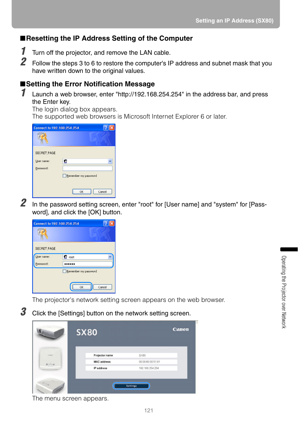 Resetting the ip address setting of the computer, Setting the error notification message | Canon HDMI SX800 User Manual | Page 121 / 154