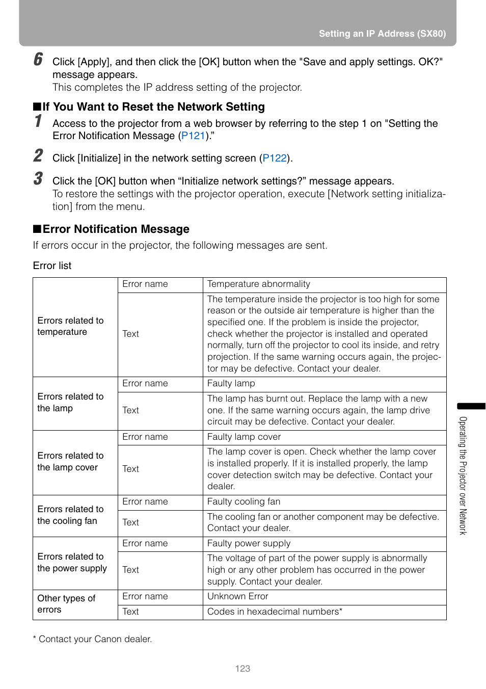 If you want to reset the network setting, Error notification message, P123 | Canon HDMI SX800 User Manual | Page 123 / 154