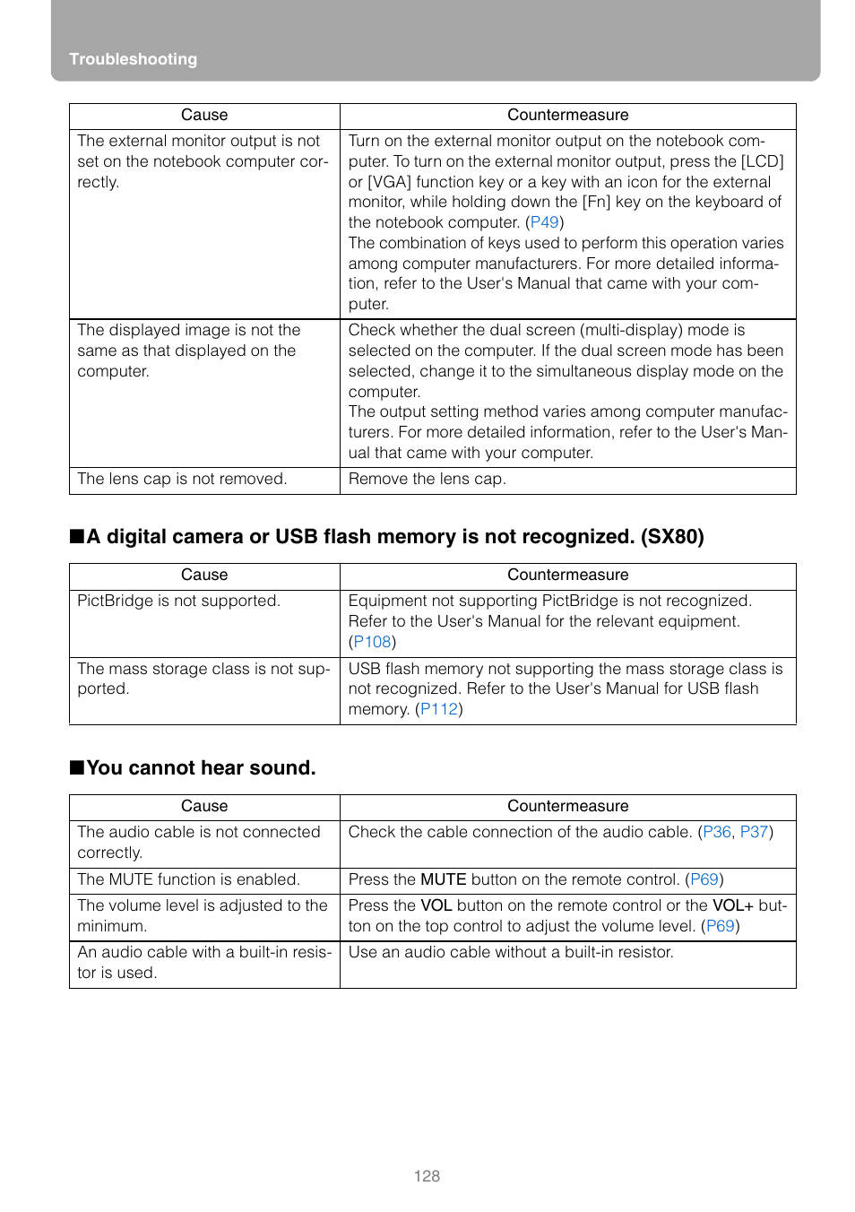 You cannot hear sound | Canon HDMI SX800 User Manual | Page 128 / 154