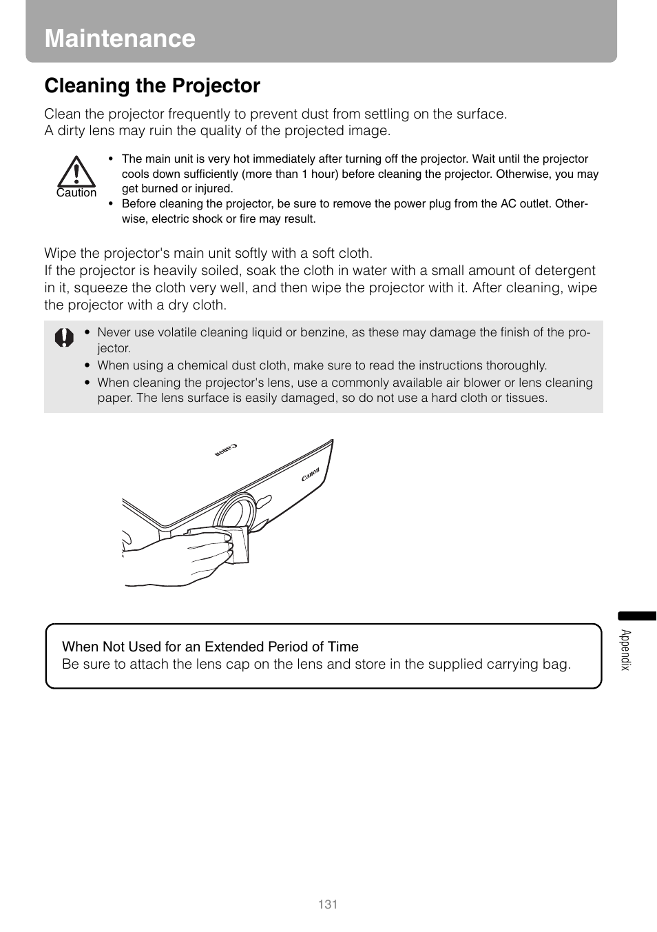 Maintenance, Cleaning the projector, P131 | Canon HDMI SX800 User Manual | Page 131 / 154