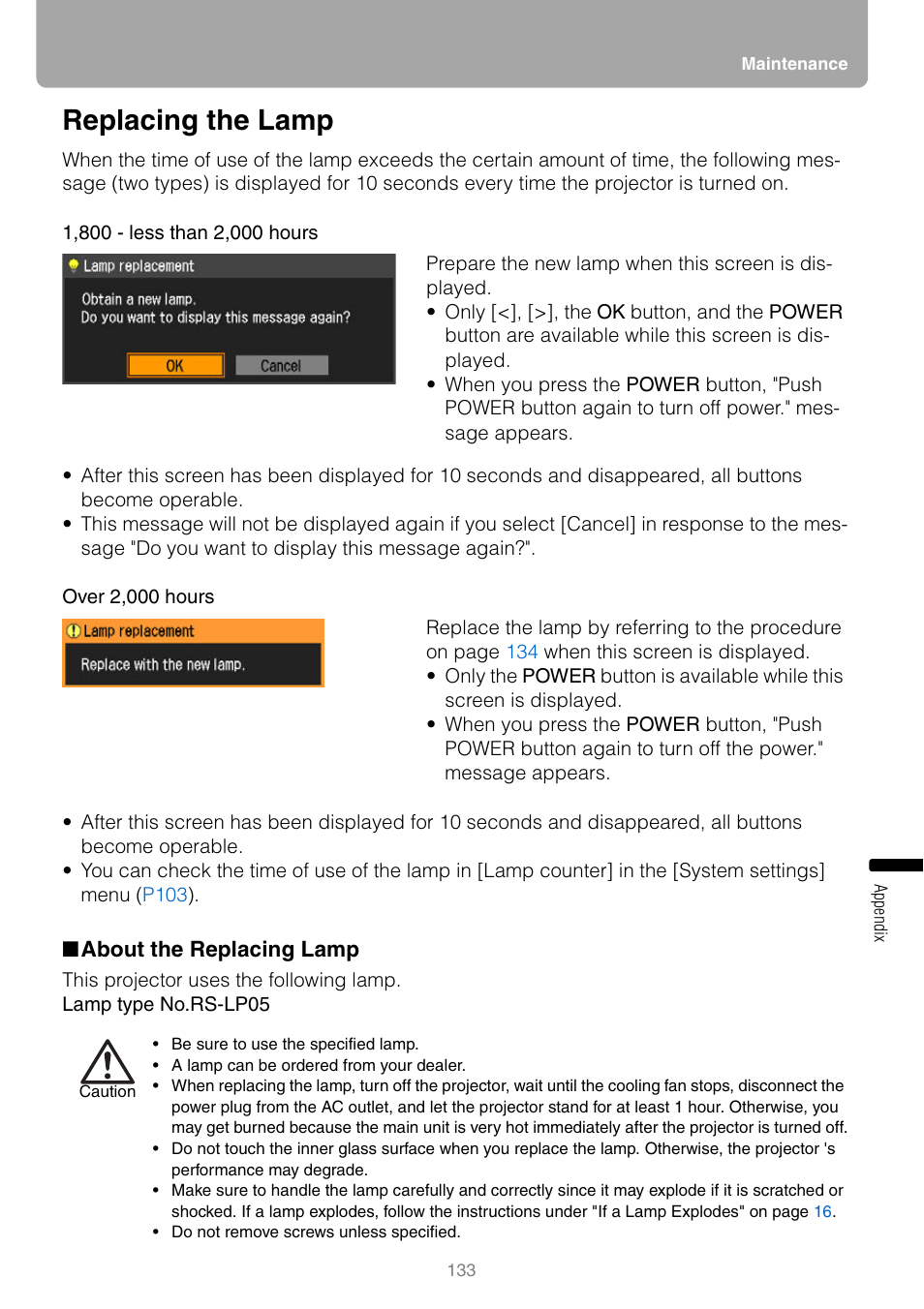 Replacing the lamp, About the replacing lamp, P133 | Canon HDMI SX800 User Manual | Page 133 / 154
