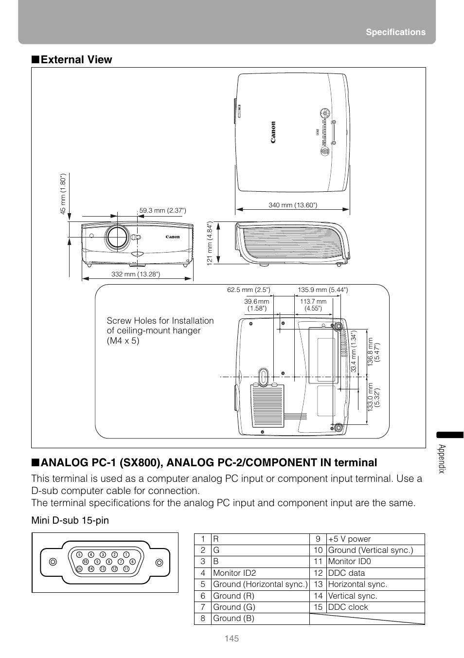 External view, T hanger (m4x5), P145 | Canon HDMI SX800 User Manual | Page 145 / 154