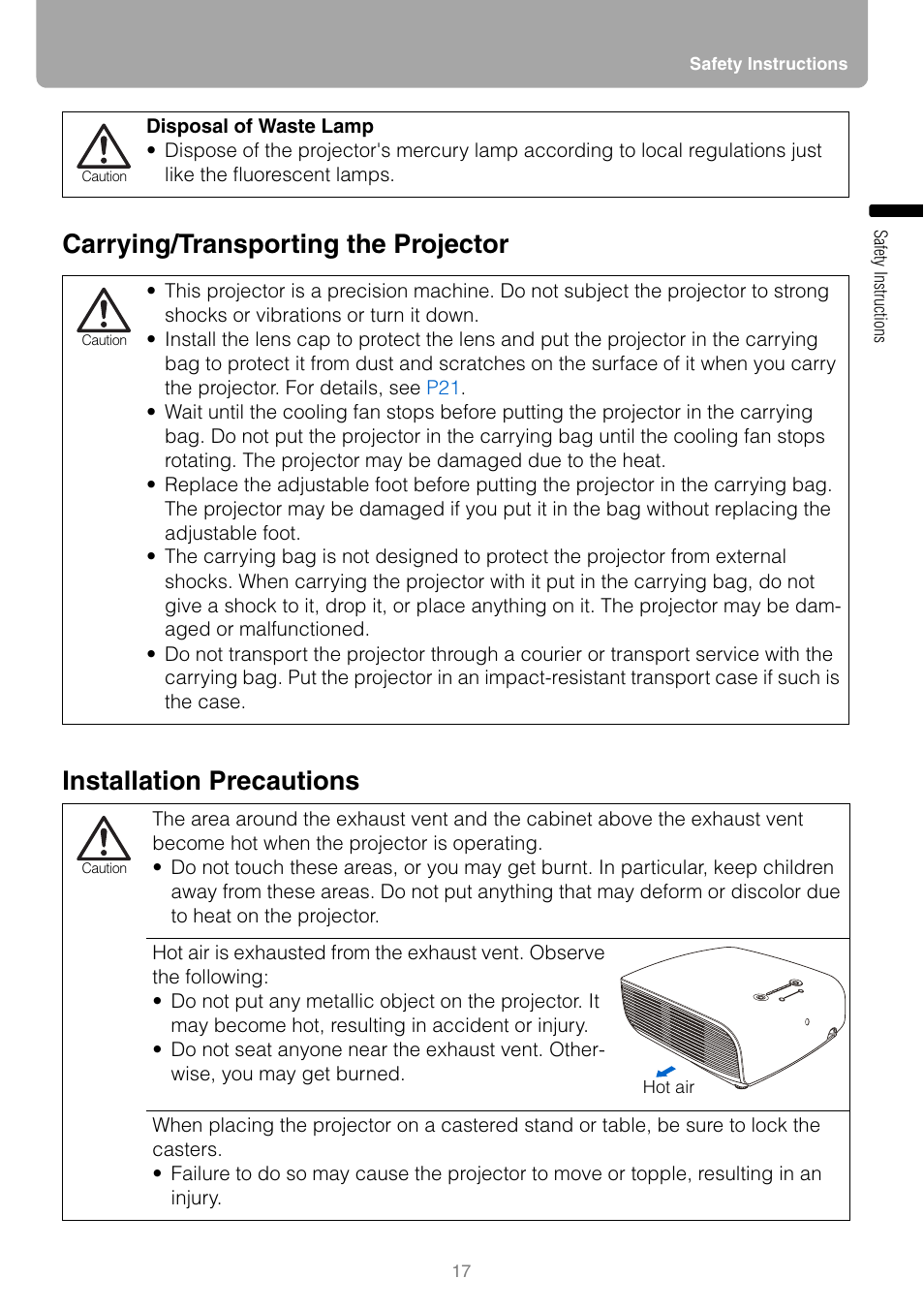 Carrying/transporting the projector, Installation precautions | Canon HDMI SX800 User Manual | Page 17 / 154