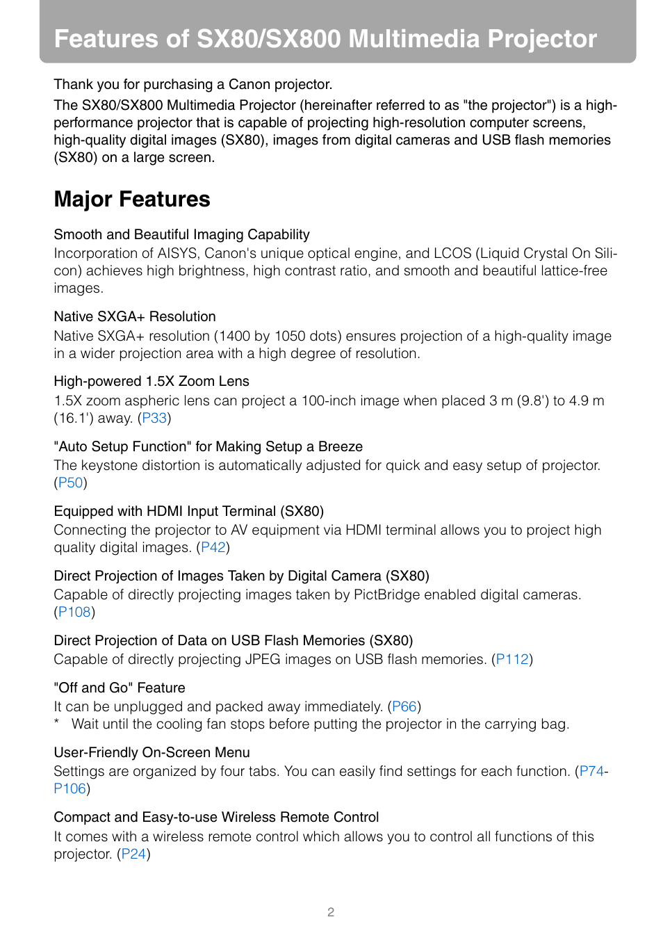 Features of sx80/sx800 multimedia projector, Major features | Canon HDMI SX800 User Manual | Page 2 / 154