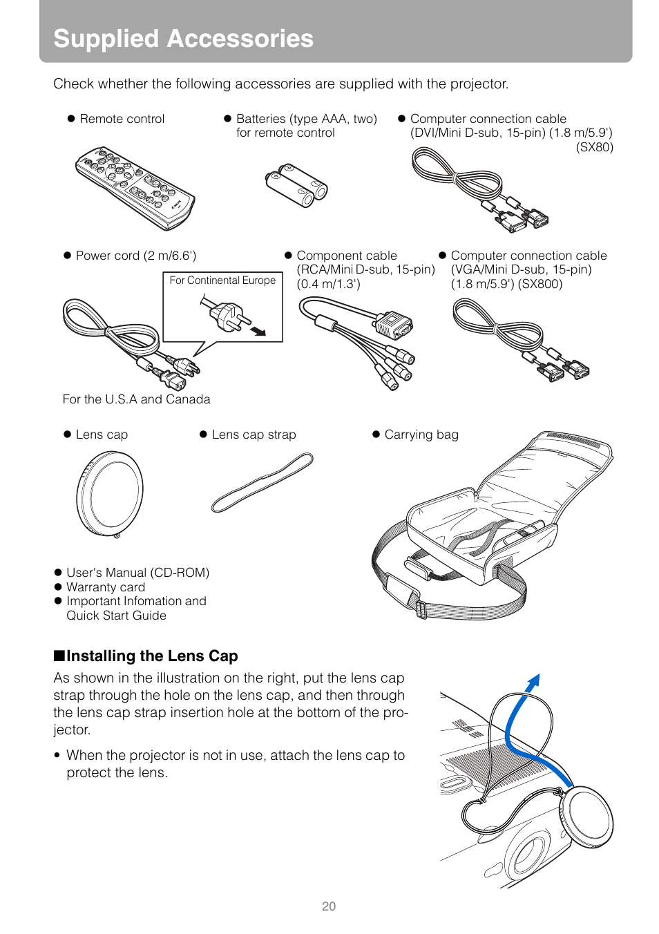 Supplied accessories, Installing the lens cap | Canon HDMI SX800 User Manual | Page 20 / 154