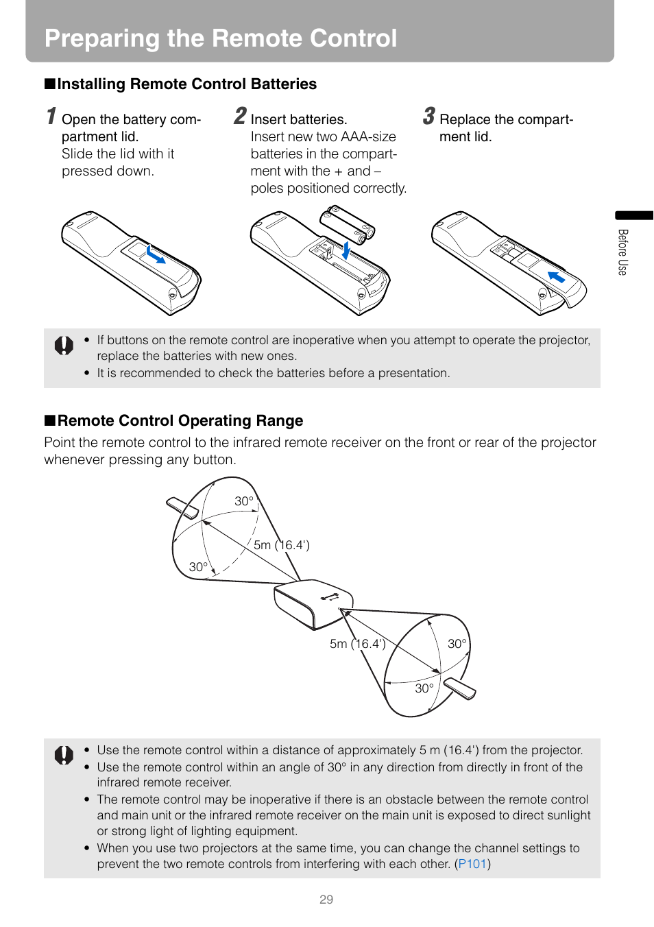 Preparing the remote control, Installing remote control batteries, Remote control operating range | Ceiver | Canon HDMI SX800 User Manual | Page 29 / 154