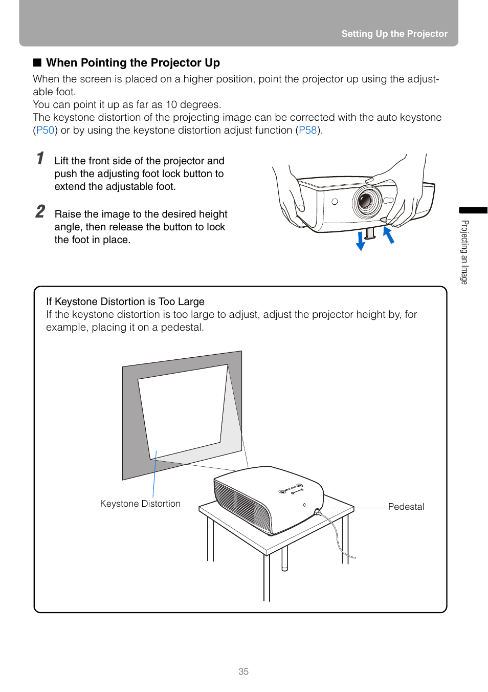 When pointing the projector up, Lock button | Canon HDMI SX800 User Manual | Page 35 / 154