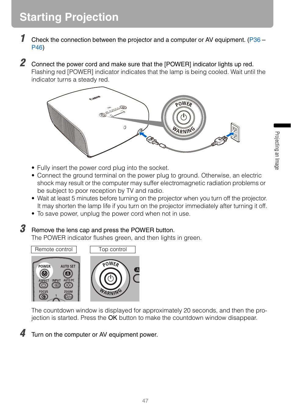 Starting projection, Lamp | Canon HDMI SX800 User Manual | Page 47 / 154