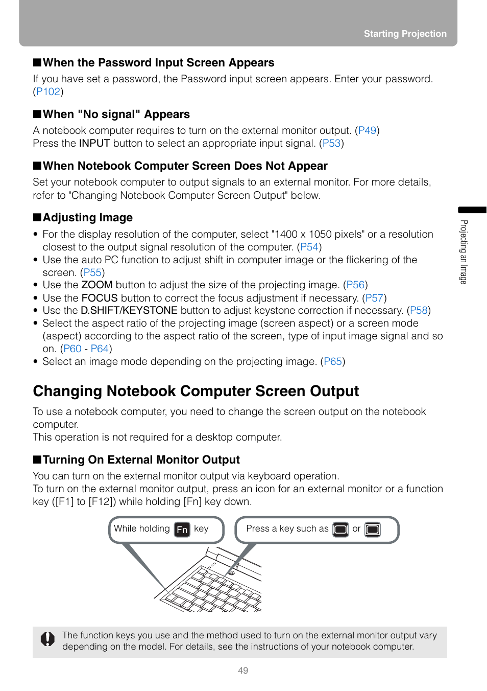 When the password input screen appears, When "no signal" appears, When notebook computer screen does not appear | Adjusting image, Changing notebook computer screen output, Turning on external monitor output, Tor output | Canon HDMI SX800 User Manual | Page 49 / 154