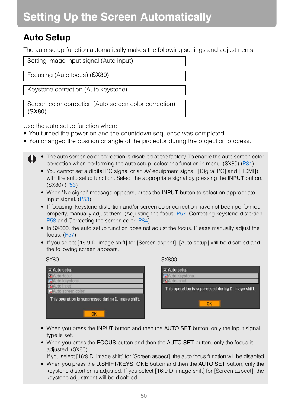 Setting up the screen automatically, Auto setup | Canon HDMI SX800 User Manual | Page 50 / 154