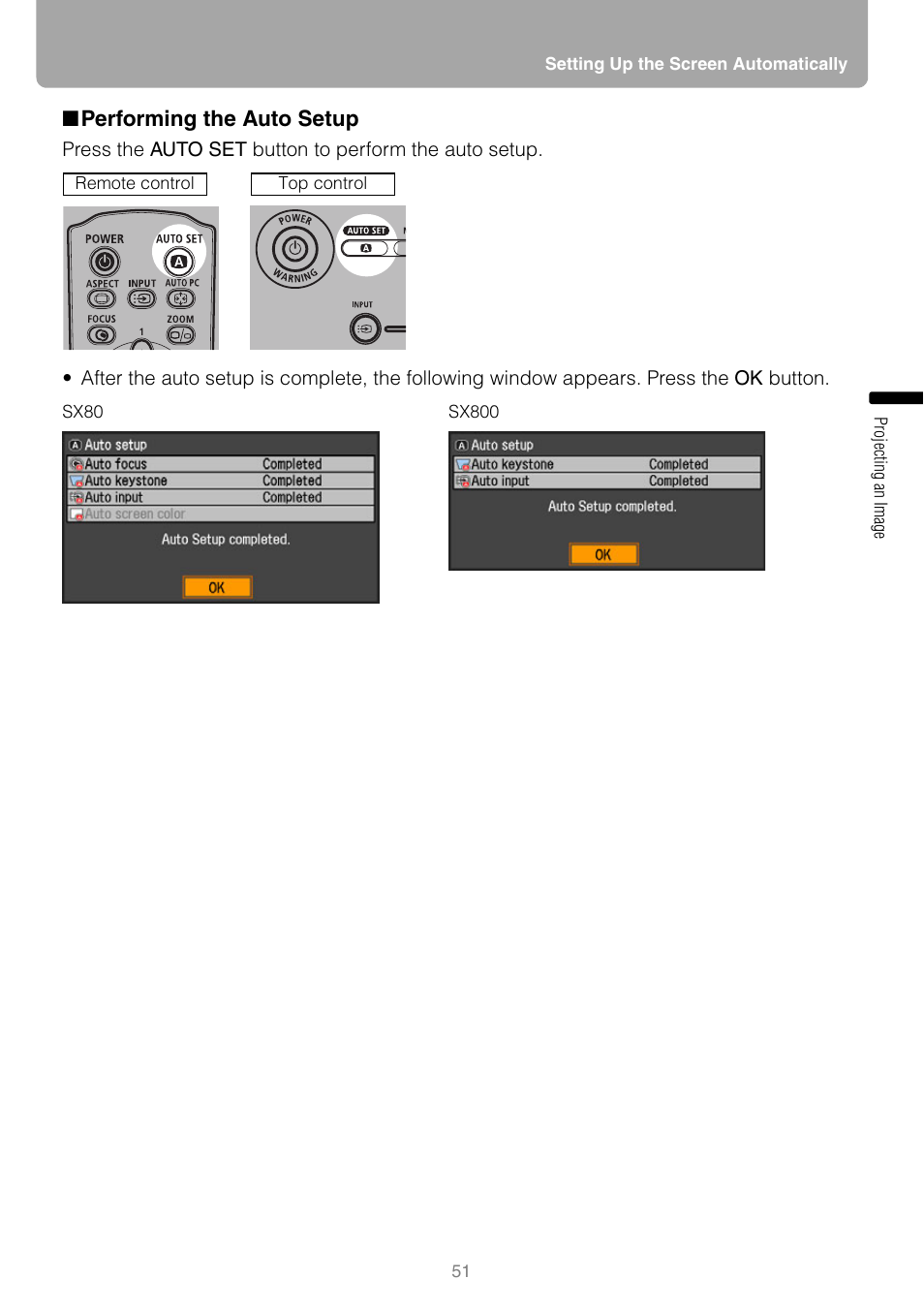 Performing the auto setup, Tton | Canon HDMI SX800 User Manual | Page 51 / 154