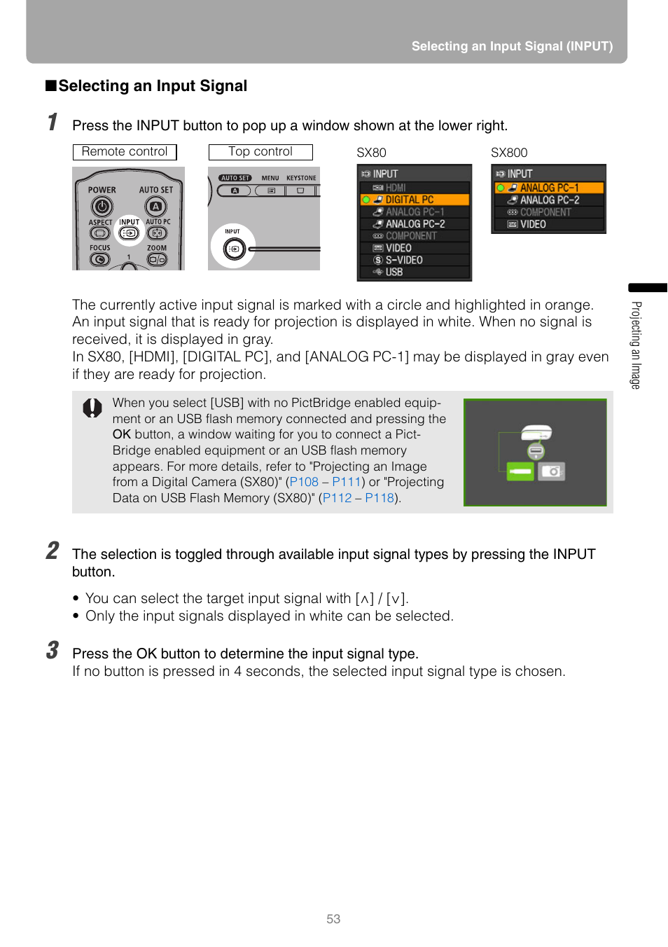 Selecting an input signal, T signal | Canon HDMI SX800 User Manual | Page 53 / 154