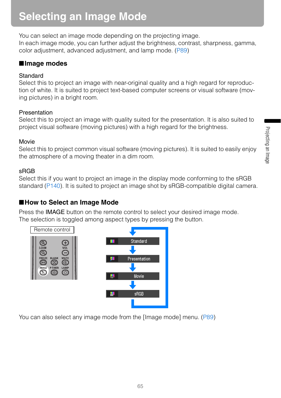 Selecting an image mode, Image modes, How to select an image mode | Canon HDMI SX800 User Manual | Page 65 / 154