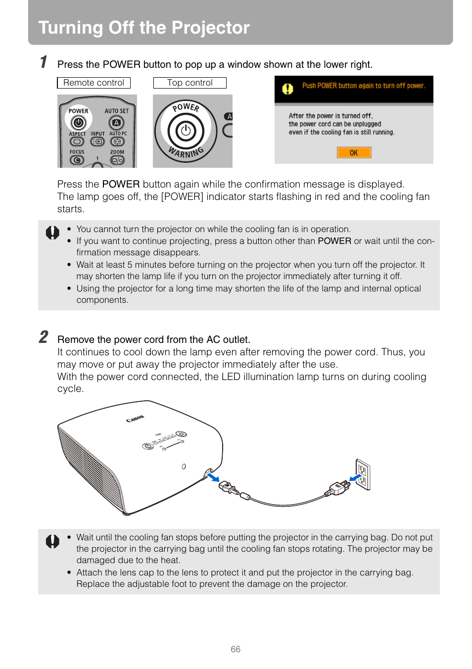 Turning off the projector | Canon HDMI SX800 User Manual | Page 66 / 154