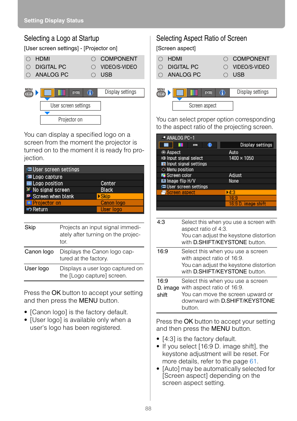 Selecting a logo at startup, Selecting aspect ratio of screen | Canon HDMI SX800 User Manual | Page 88 / 154