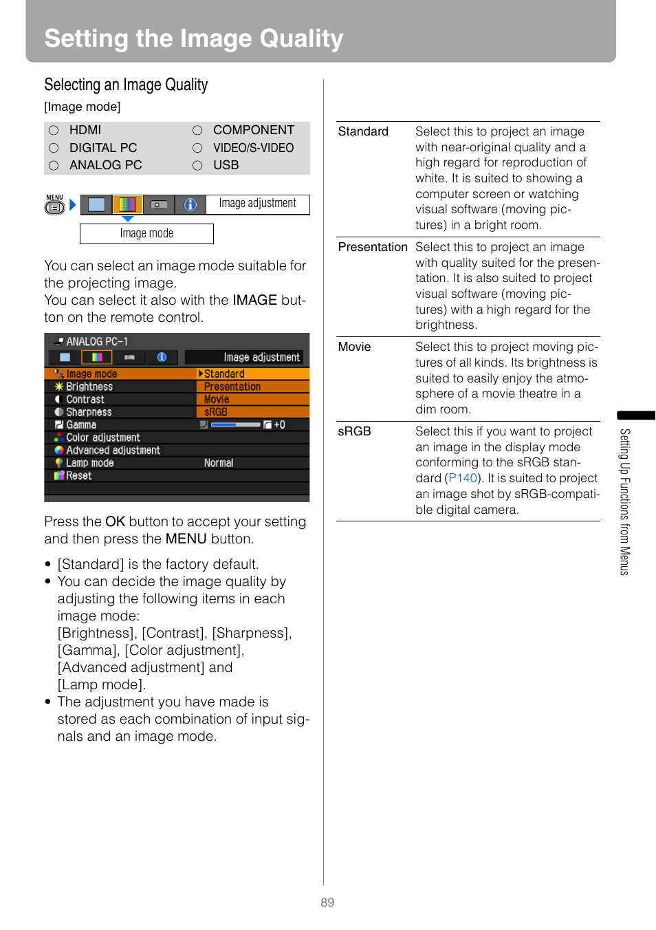 Setting the image quality, Selecting an image quality | Canon HDMI SX800 User Manual | Page 89 / 154