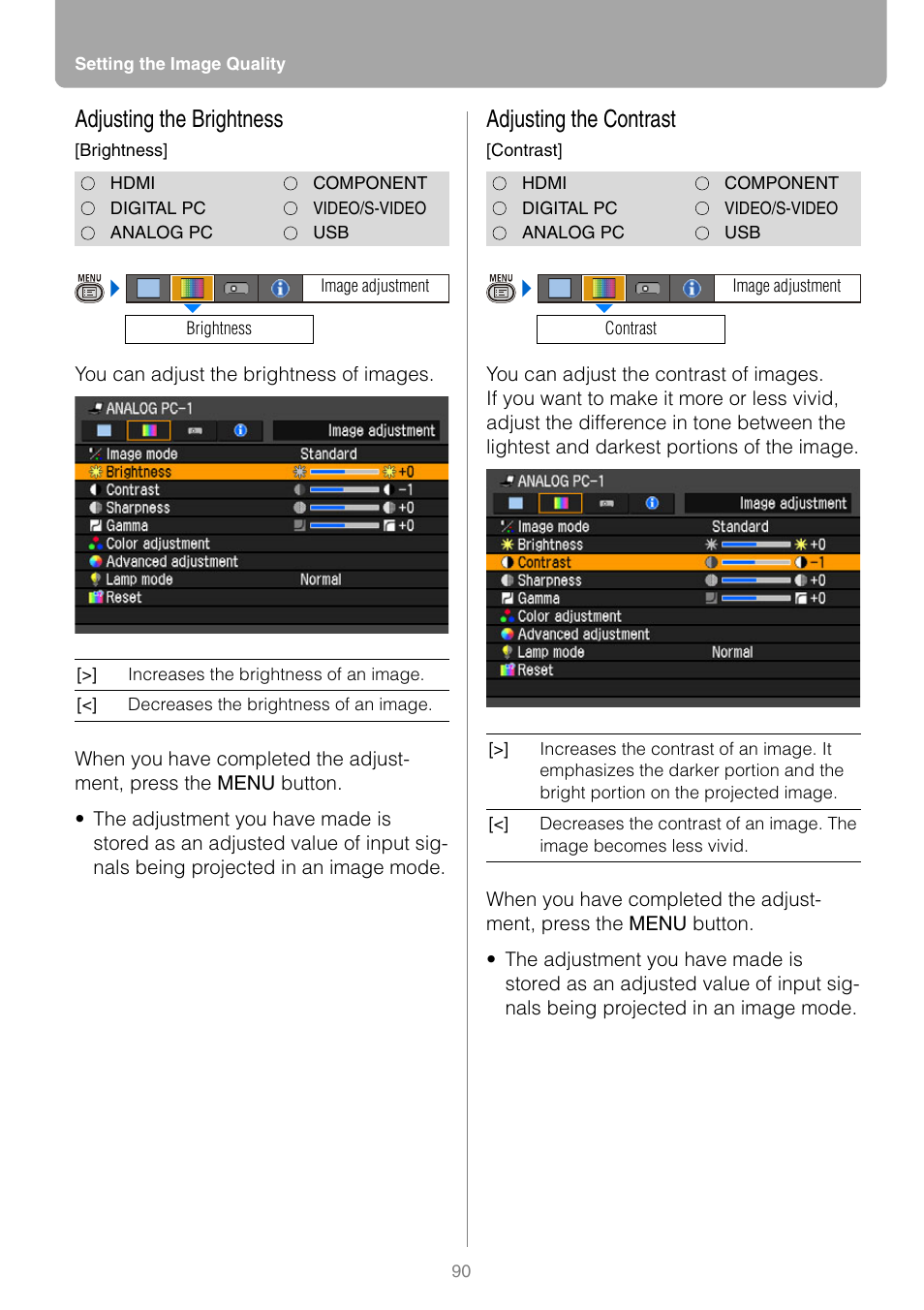 Adjusting the brightness, Adjusting the contrast | Canon HDMI SX800 User Manual | Page 90 / 154