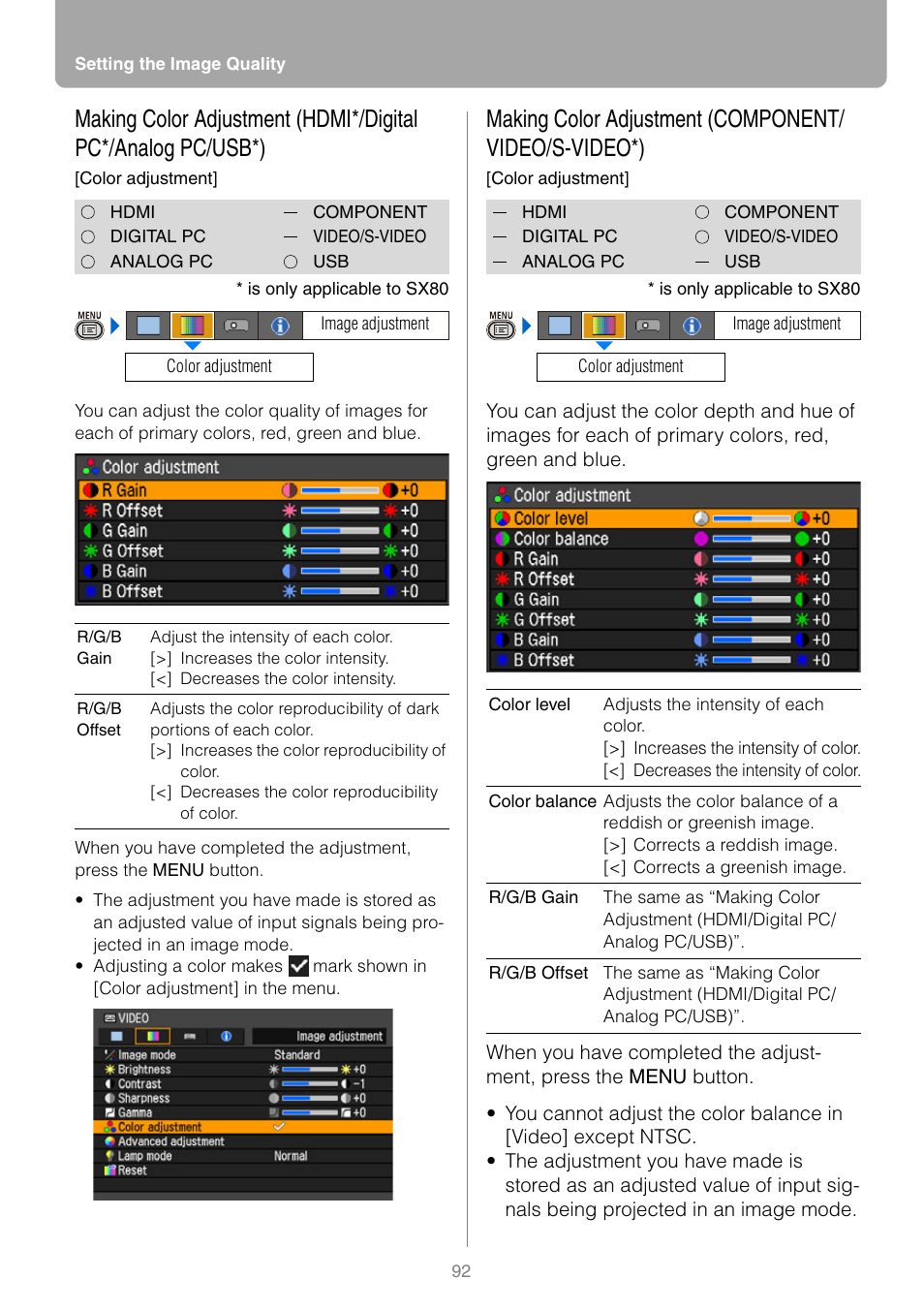 Making color adjustment (component/video/s-video) | Canon HDMI SX800 User Manual | Page 92 / 154