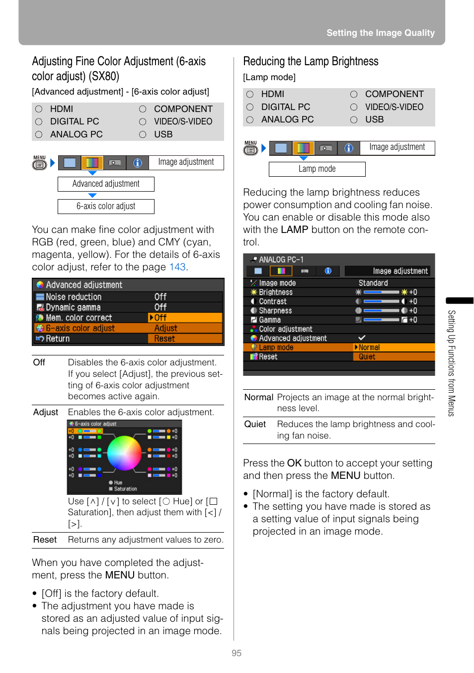 Reducing the lamp brightness | Canon HDMI SX800 User Manual | Page 95 / 154