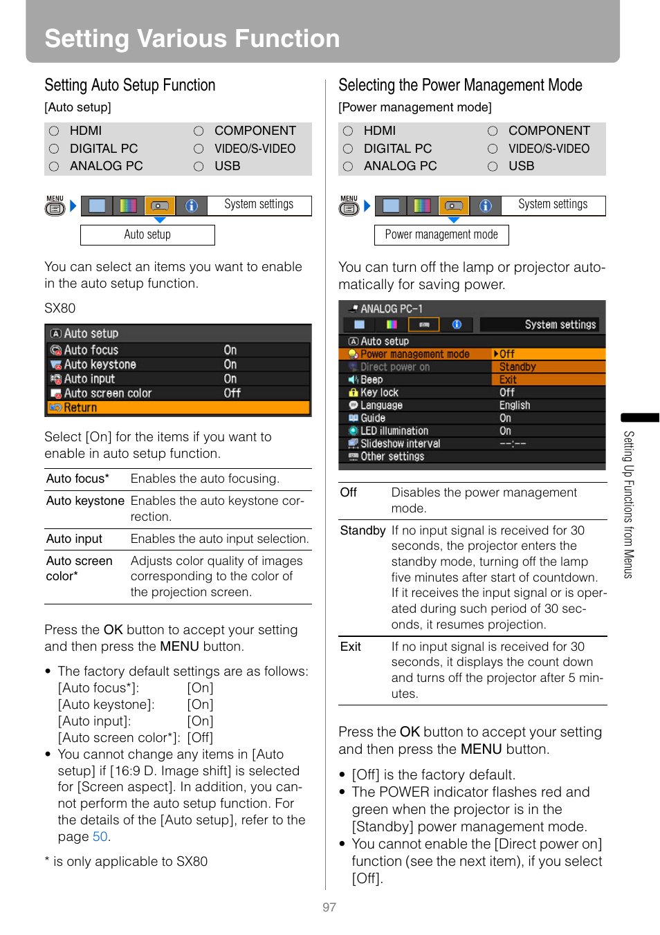 Setting various function, Setting auto setup function, Selecting the power management mode | Canon HDMI SX800 User Manual | Page 97 / 154