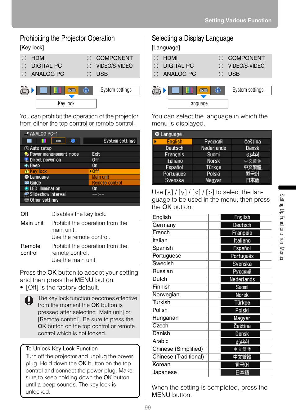 Prohibiting the projector operation, Selecting a display language | Canon HDMI SX800 User Manual | Page 99 / 154