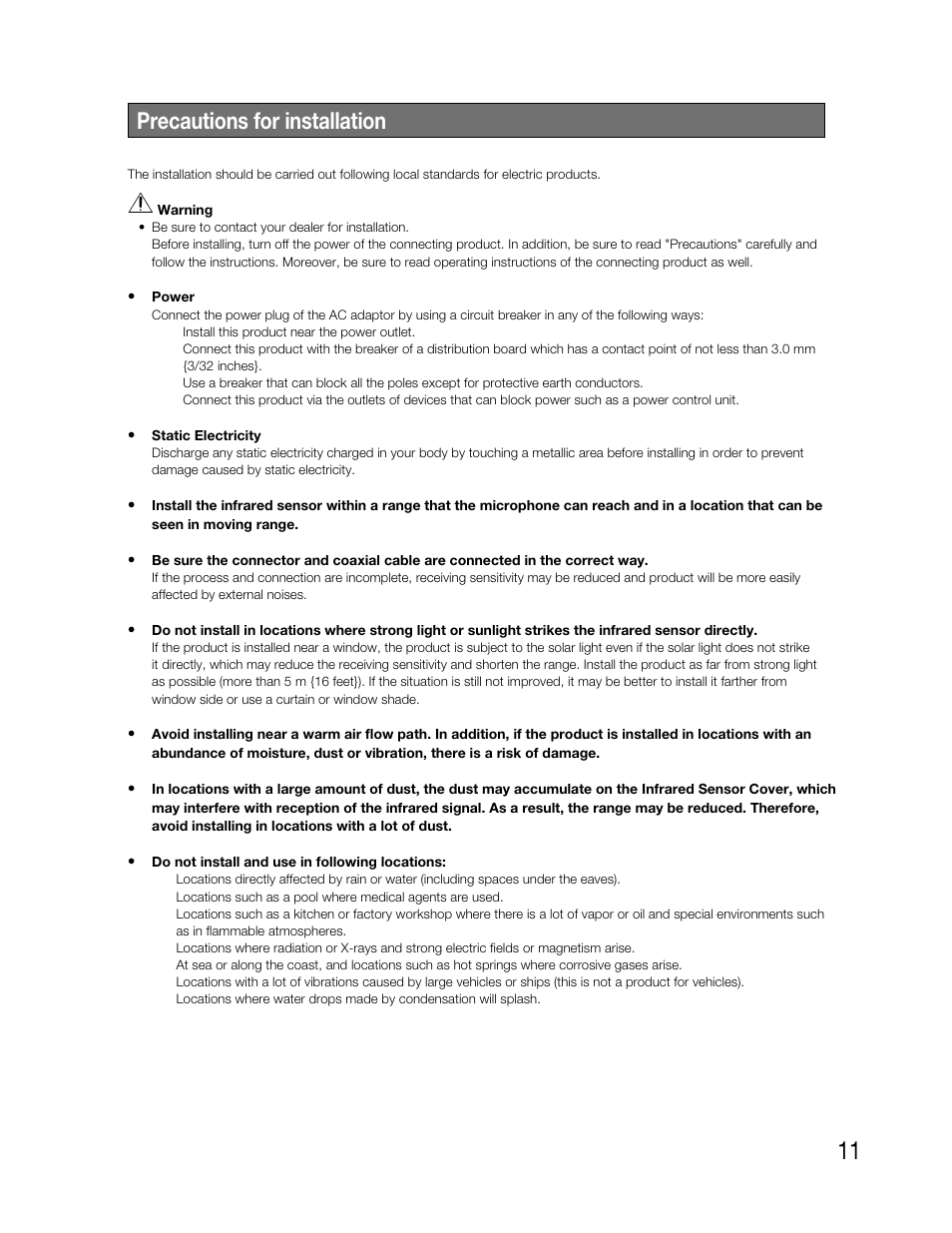 Precautions for installation | Audio Enhancement TLD100 User Manual | Page 11 / 36