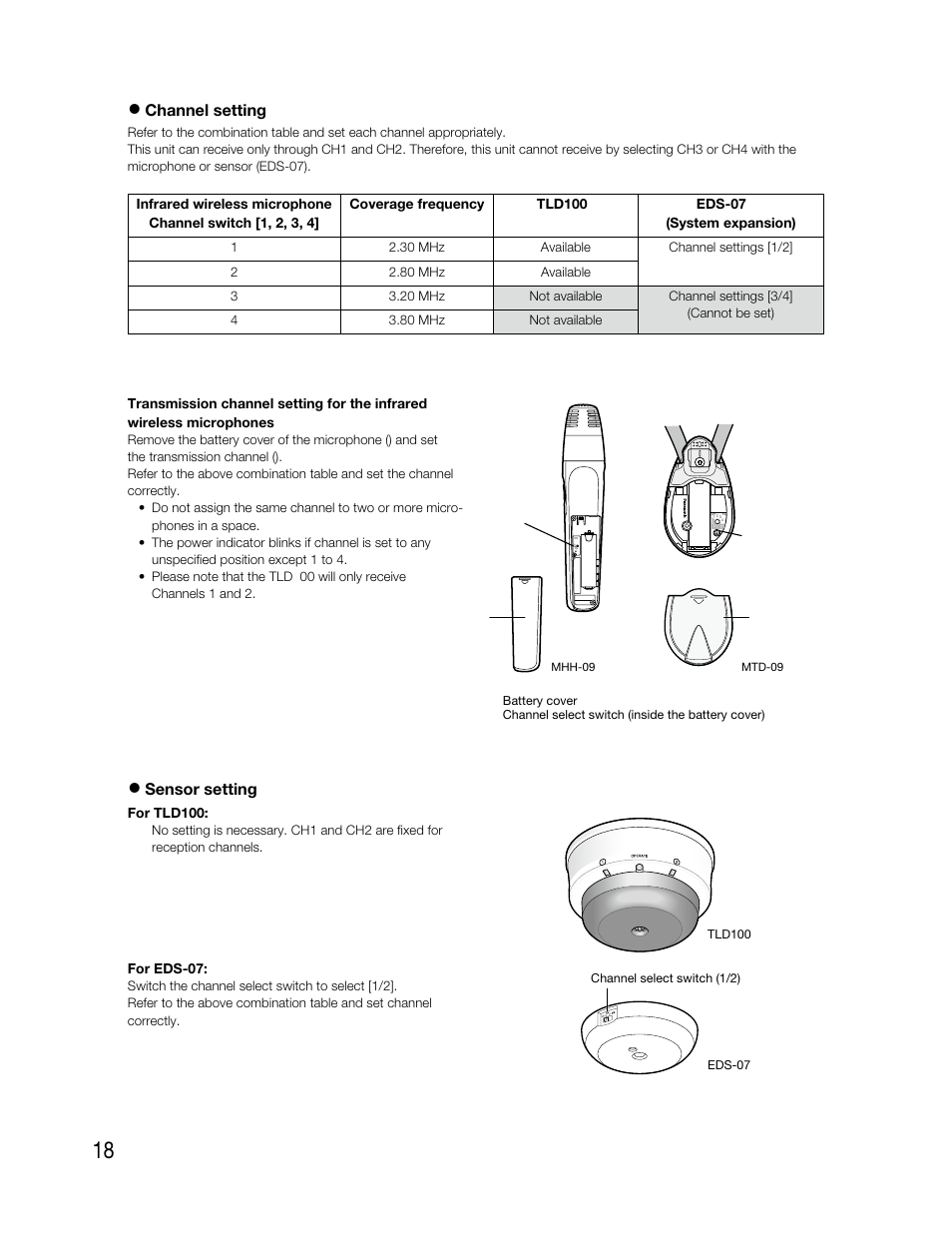Channel setting, Sensor setting, For tld100 | For eds-07 | Audio Enhancement TLD100 User Manual | Page 18 / 36