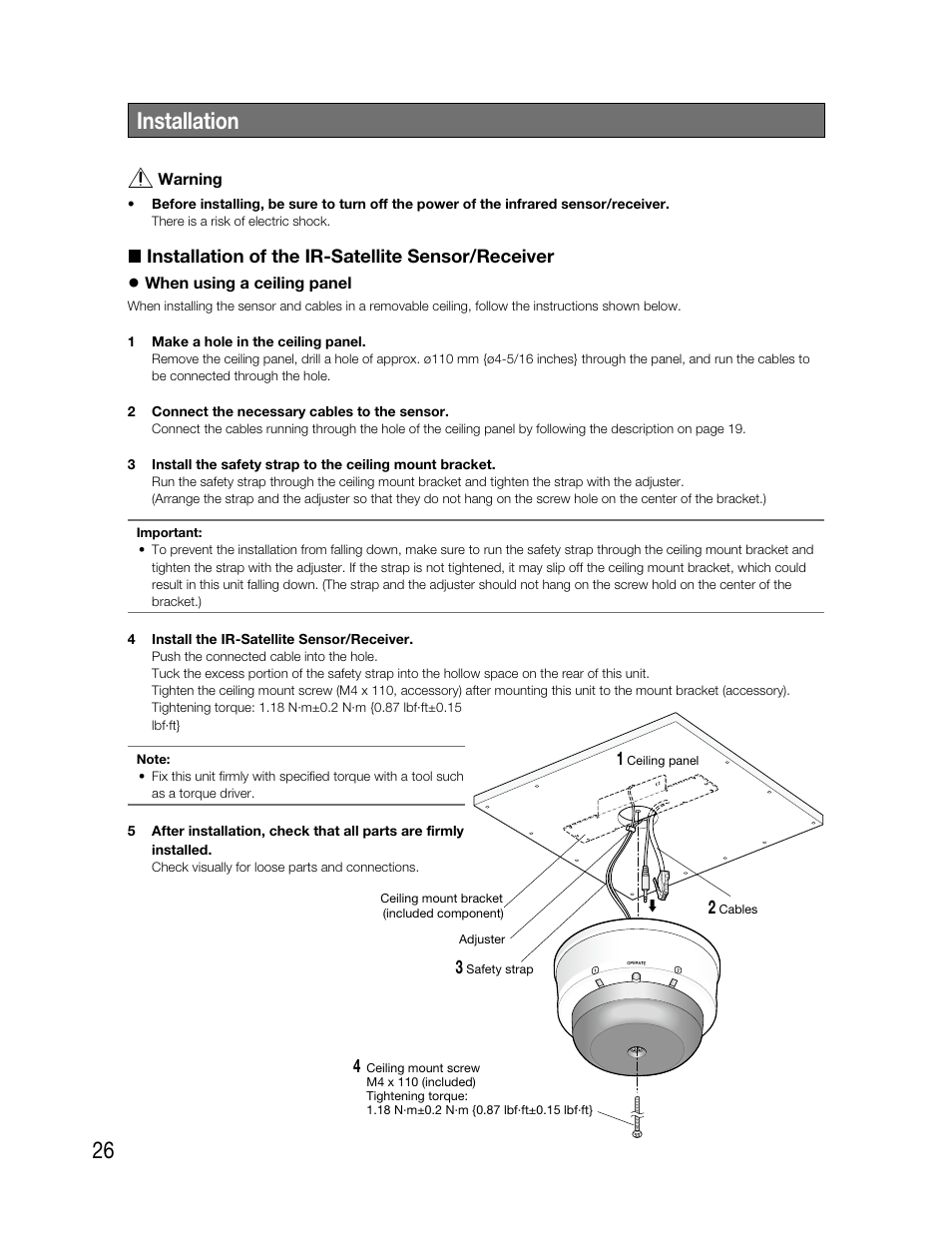 26 installation, Installation of the ir-satellite sensor/receiver | Audio Enhancement TLD100 User Manual | Page 26 / 36