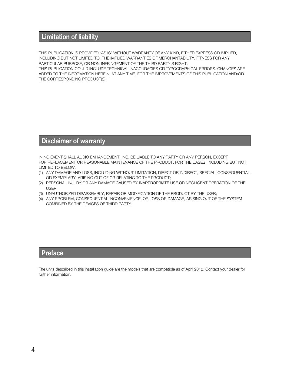 4limitation of liability, Disclaimer of warranty, Preface | Audio Enhancement TLD100 User Manual | Page 4 / 36
