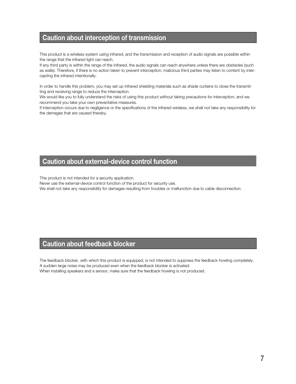 Caution about interception of transmission, Caution about external-device control function, Caution about feedback blocker | Audio Enhancement TLD100 User Manual | Page 7 / 36