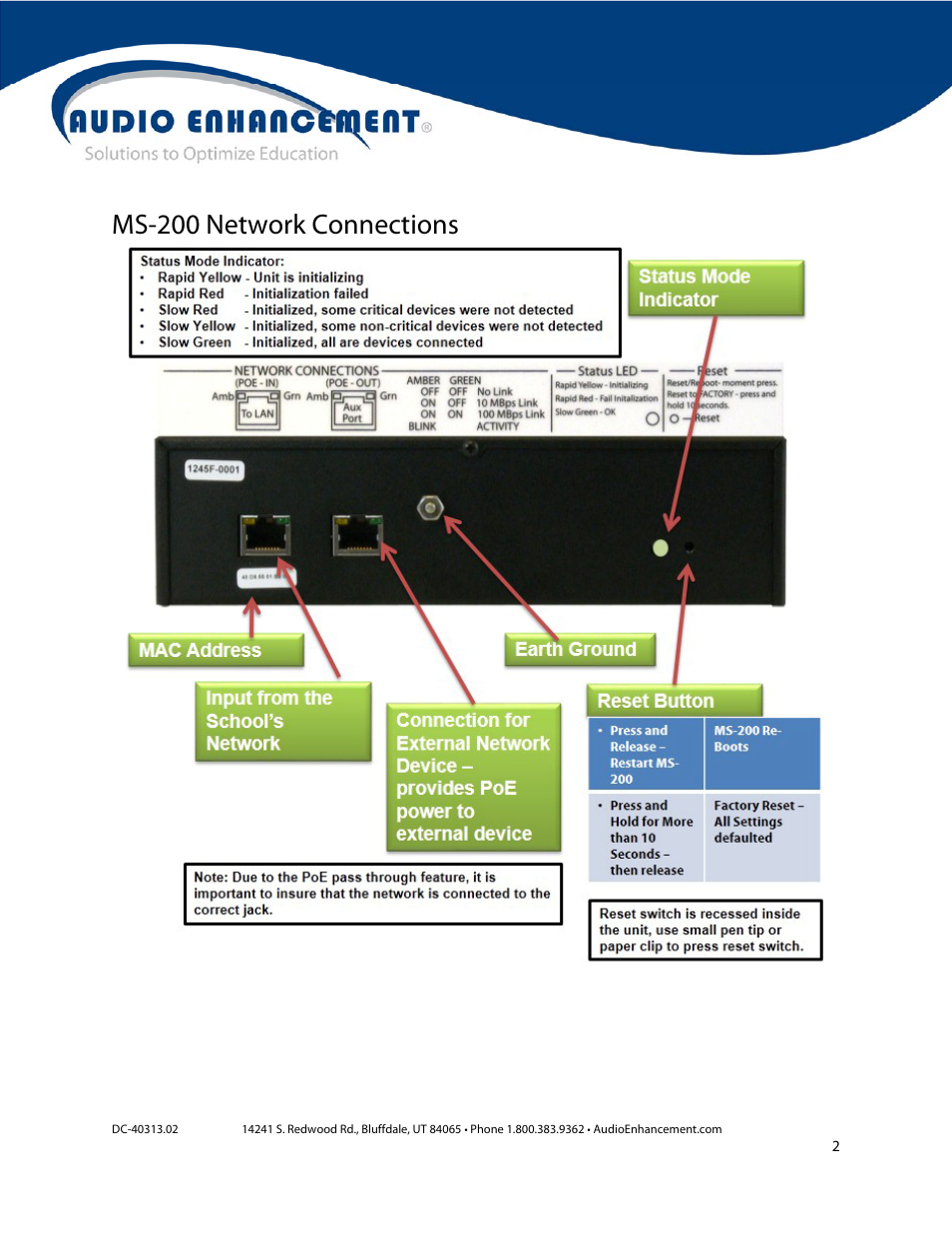 Ms-200 network connections | Audio Enhancement MS-200 SAFE User Manual | Page 2 / 12