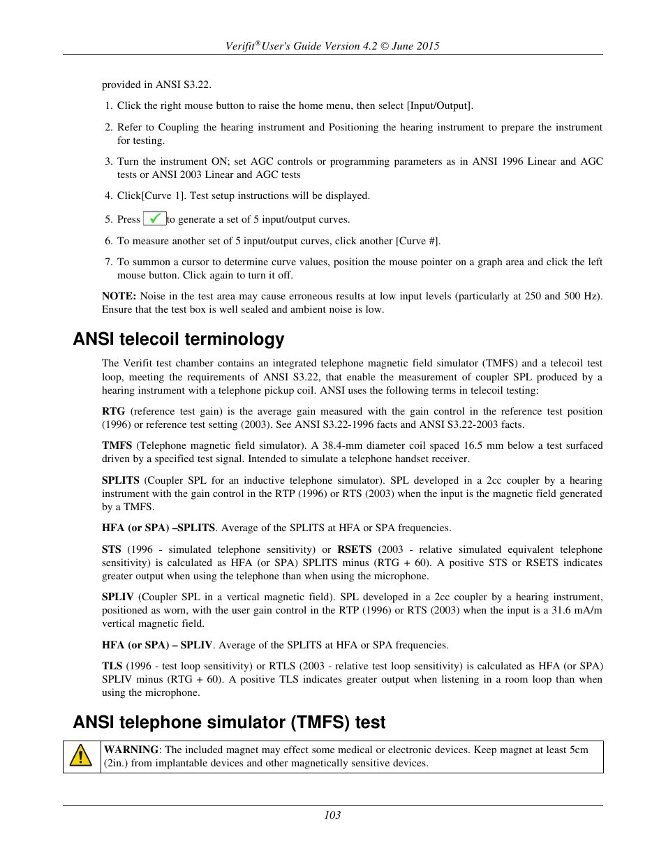 Ansi telecoil terminology, Ansi telephone simulator (tmfs) test | Audioscan Verifit 2 User Manual | Page 103 / 156