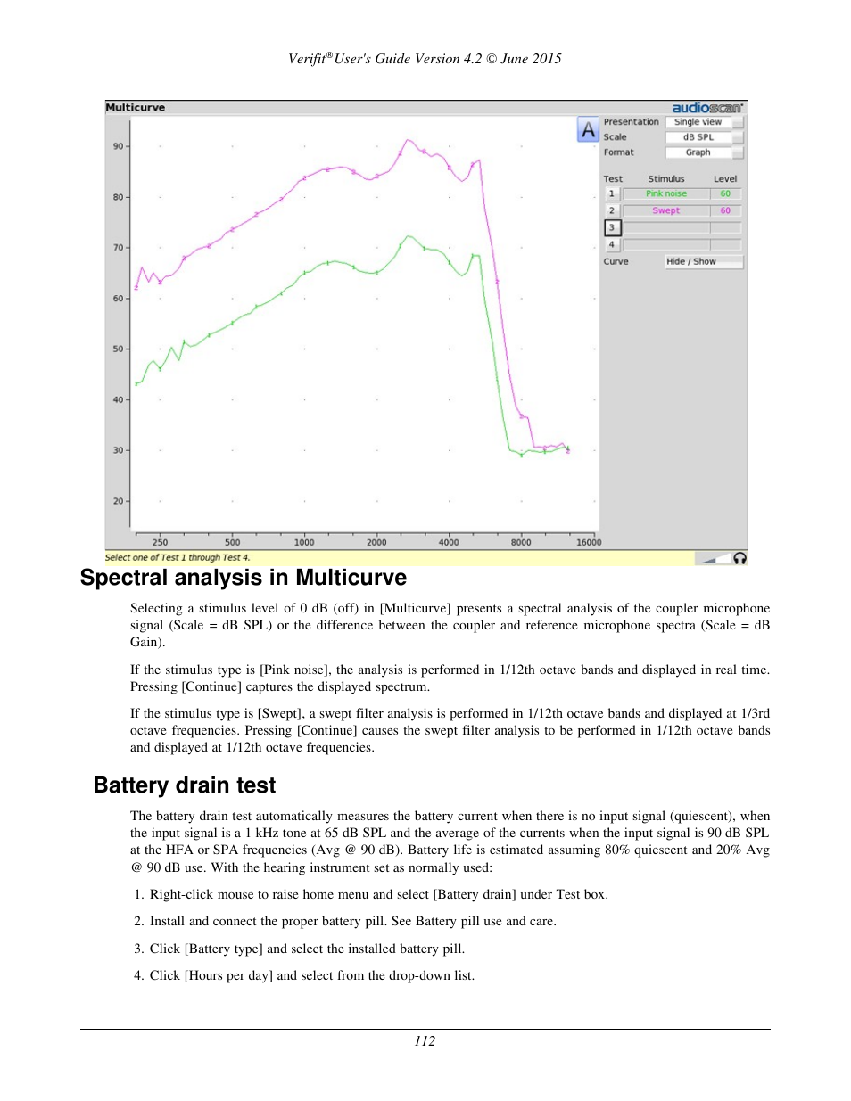 Spectral analysis in multicurve, Battery drain test | Audioscan Verifit 2 User Manual | Page 112 / 156