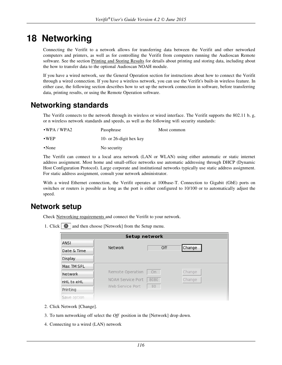 18 networking, Networking standards, Network setup | Audioscan Verifit 2 User Manual | Page 116 / 156