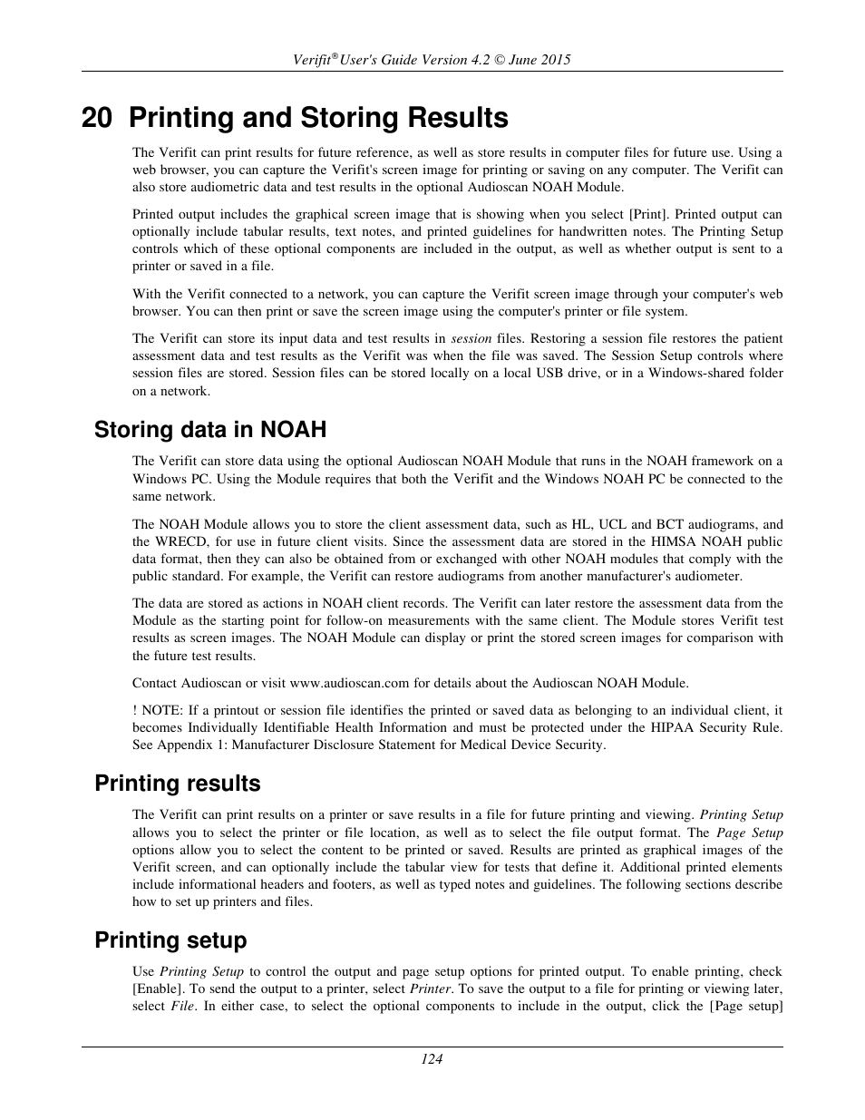 20 printing and storing results, Storing data in noah, Printing results | Printing setup | Audioscan Verifit 2 User Manual | Page 124 / 156