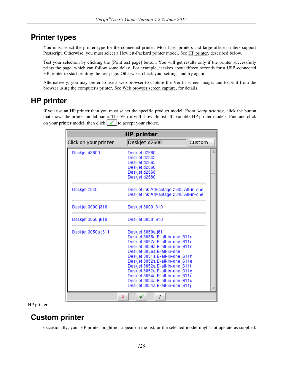 Printer types, Hp printer, Custom printer | Audioscan Verifit 2 User Manual | Page 126 / 156