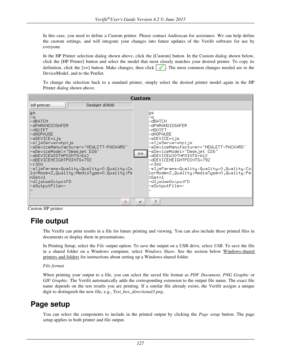 File output, Page setup | Audioscan Verifit 2 User Manual | Page 127 / 156