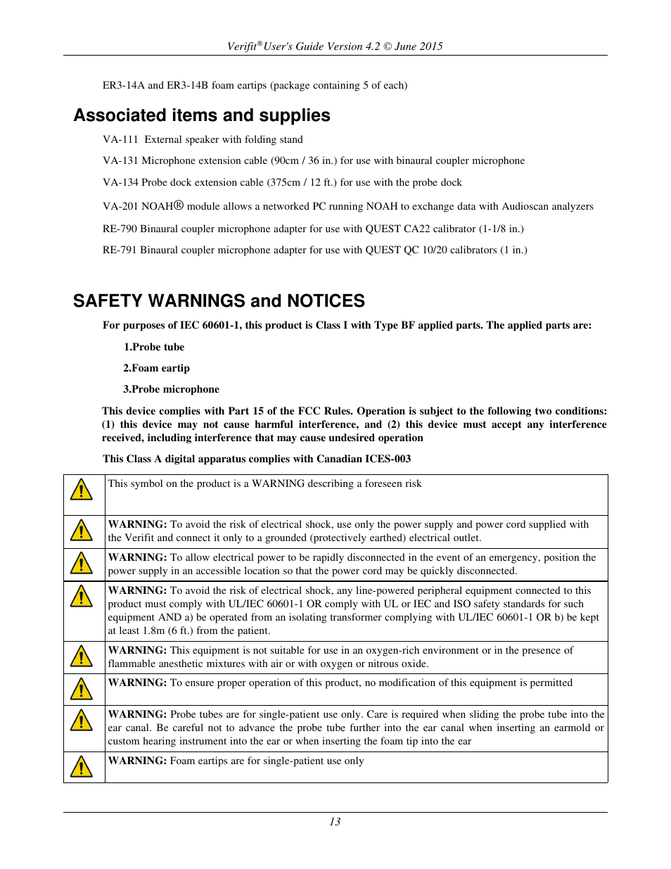 Associated items and supplies, Safety warnings and notices | Audioscan Verifit 2 User Manual | Page 13 / 156
