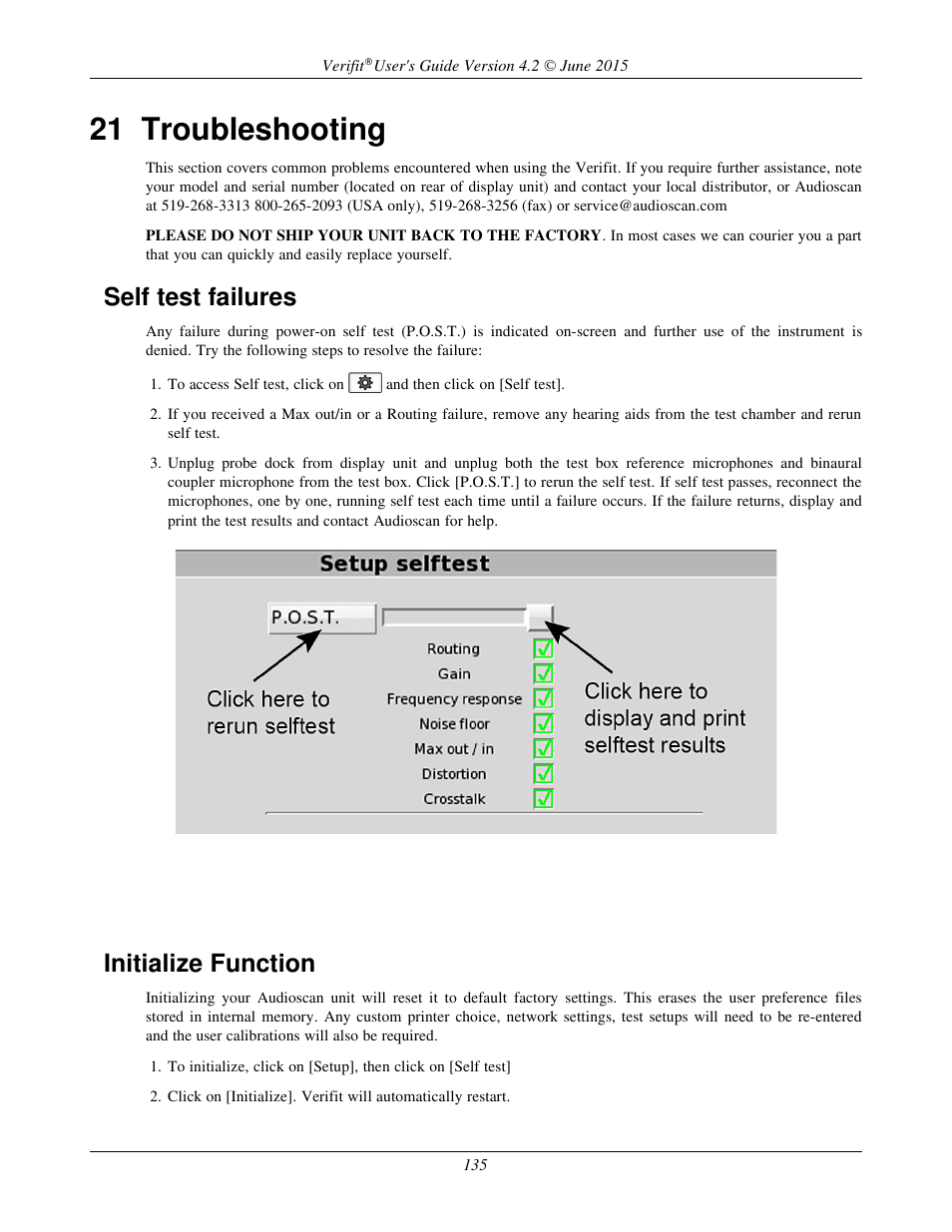 21 troubleshooting, Self test failures, Initialize function | Audioscan Verifit 2 User Manual | Page 135 / 156