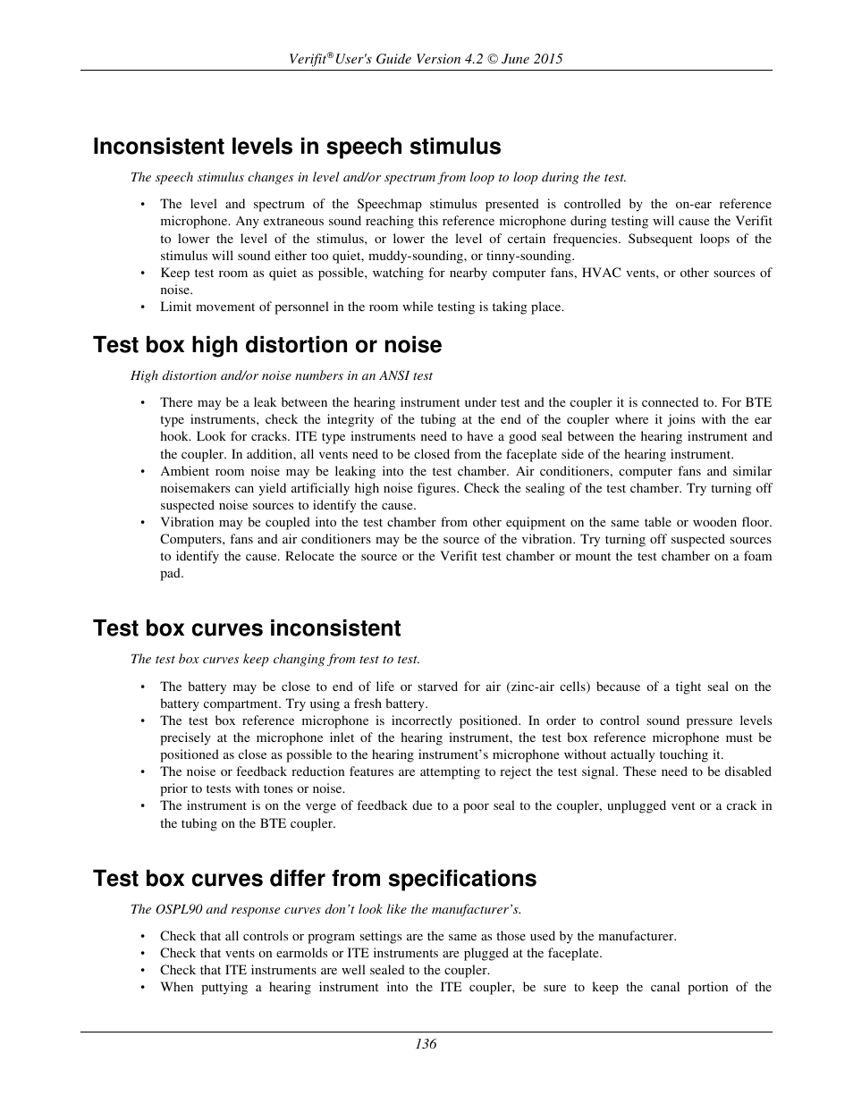 Inconsistent levels in speech stimulus, Test box high distortion or noise, Test box curves inconsistent | Test box curves differ from specifications | Audioscan Verifit 2 User Manual | Page 136 / 156