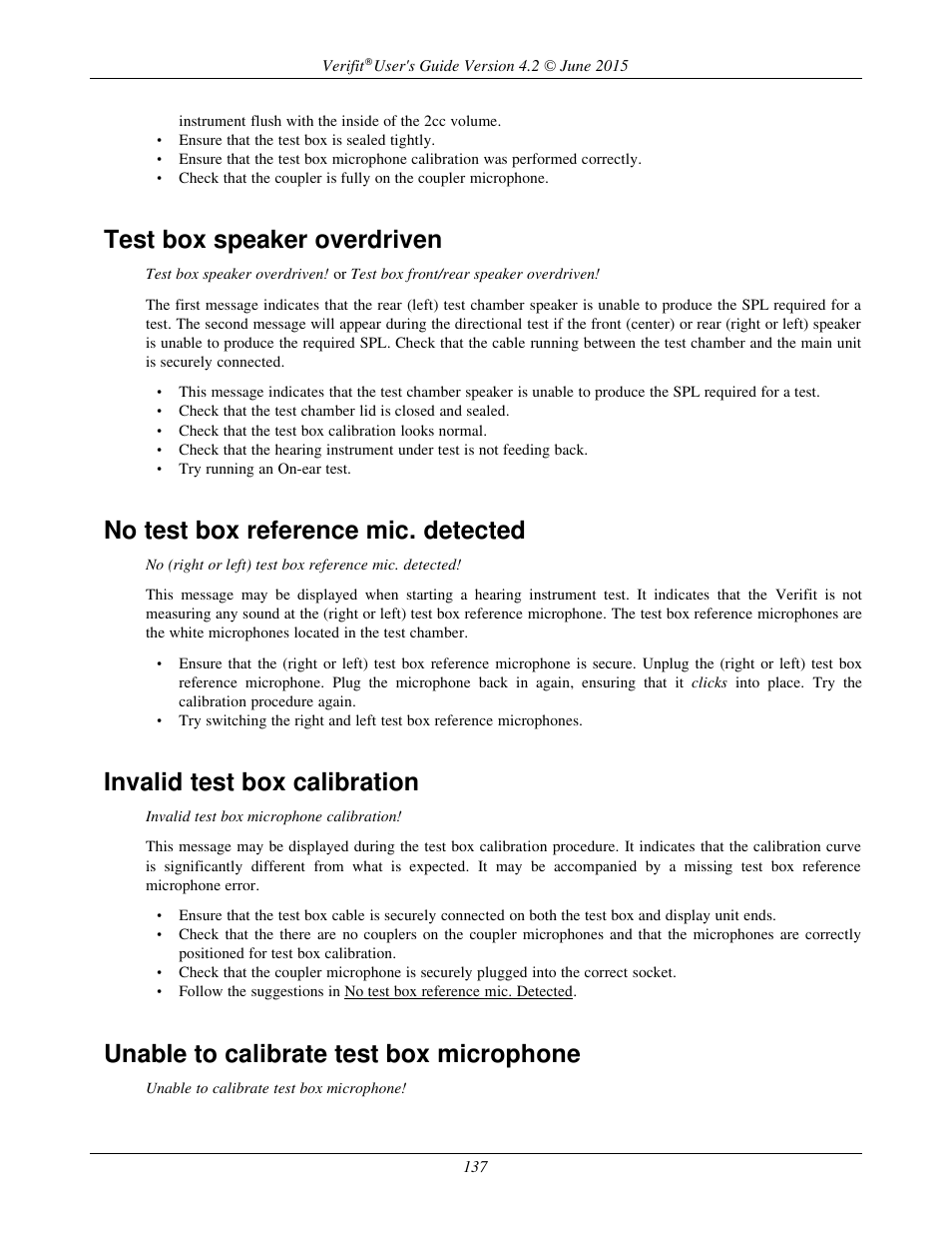 Test box speaker overdriven, No test box reference mic. detected, Invalid test box calibration | Unable to calibrate test box microphone | Audioscan Verifit 2 User Manual | Page 137 / 156