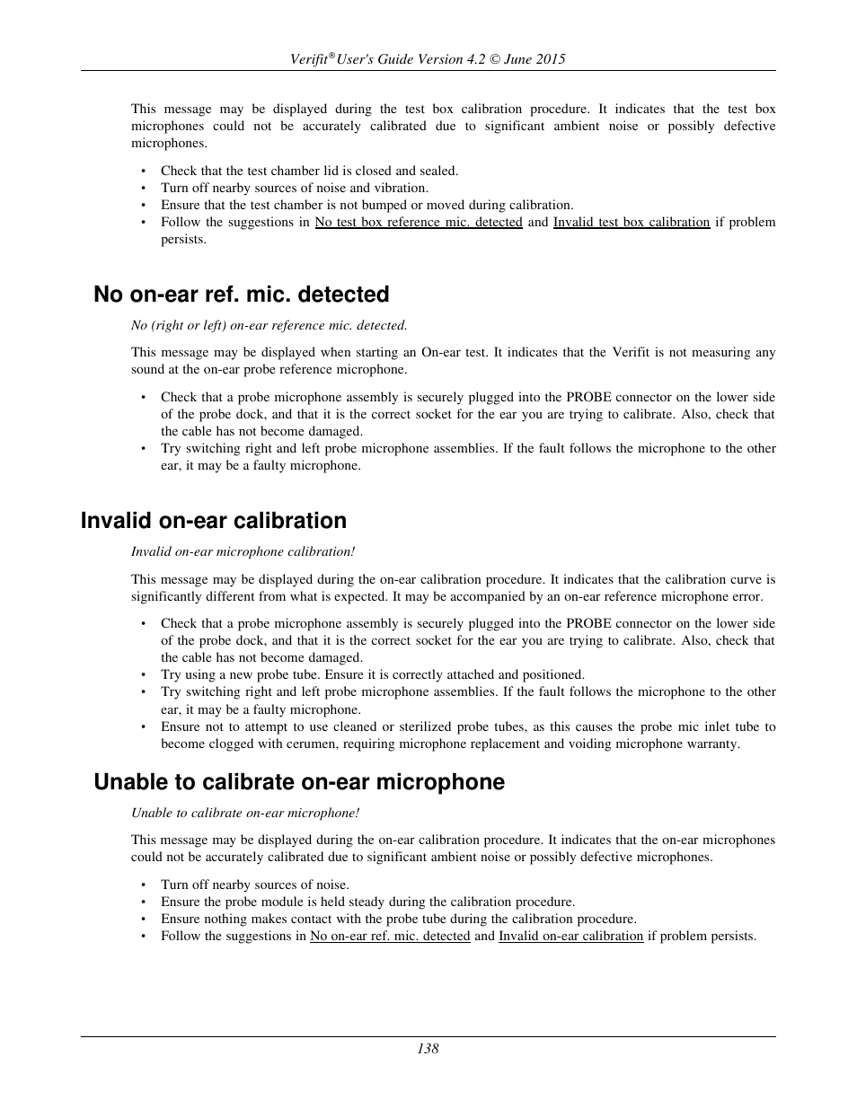 No on-ear ref. mic. detected, Invalid on-ear calibration, Unable to calibrate on-ear microphone | Audioscan Verifit 2 User Manual | Page 138 / 156