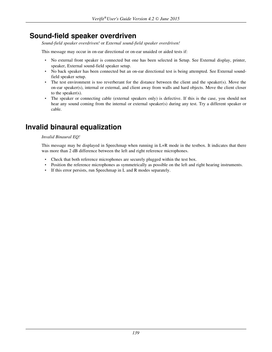 Sound-field speaker overdriven, Invalid binaural equalization | Audioscan Verifit 2 User Manual | Page 139 / 156