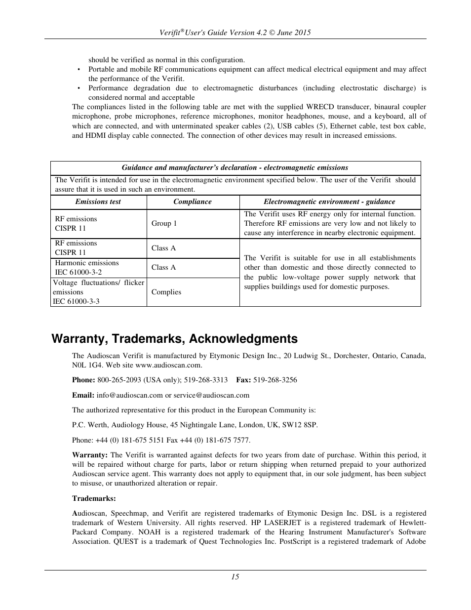 Warranty, trademarks, acknowledgments | Audioscan Verifit 2 User Manual | Page 15 / 156