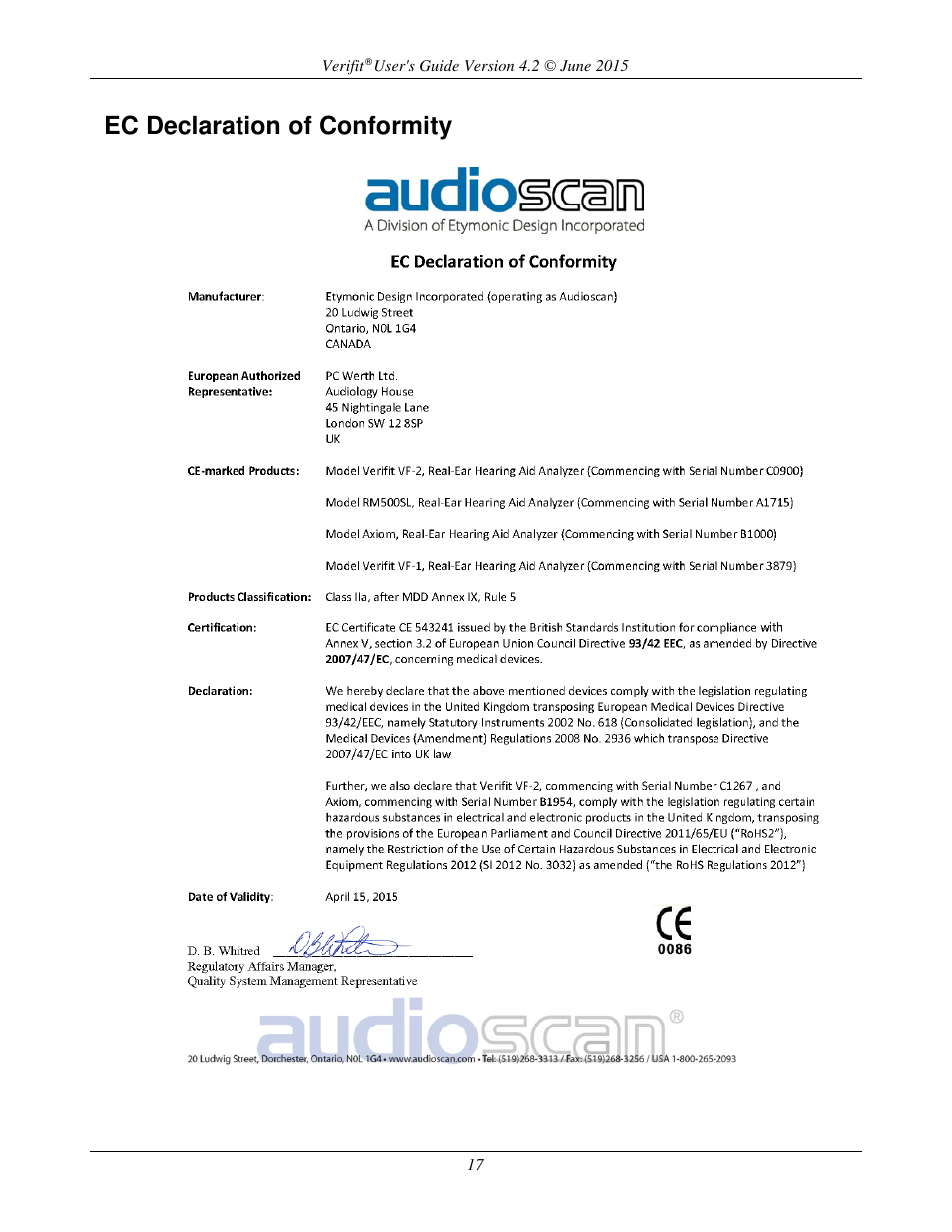 Ec declaration of conformity | Audioscan Verifit 2 User Manual | Page 17 / 156