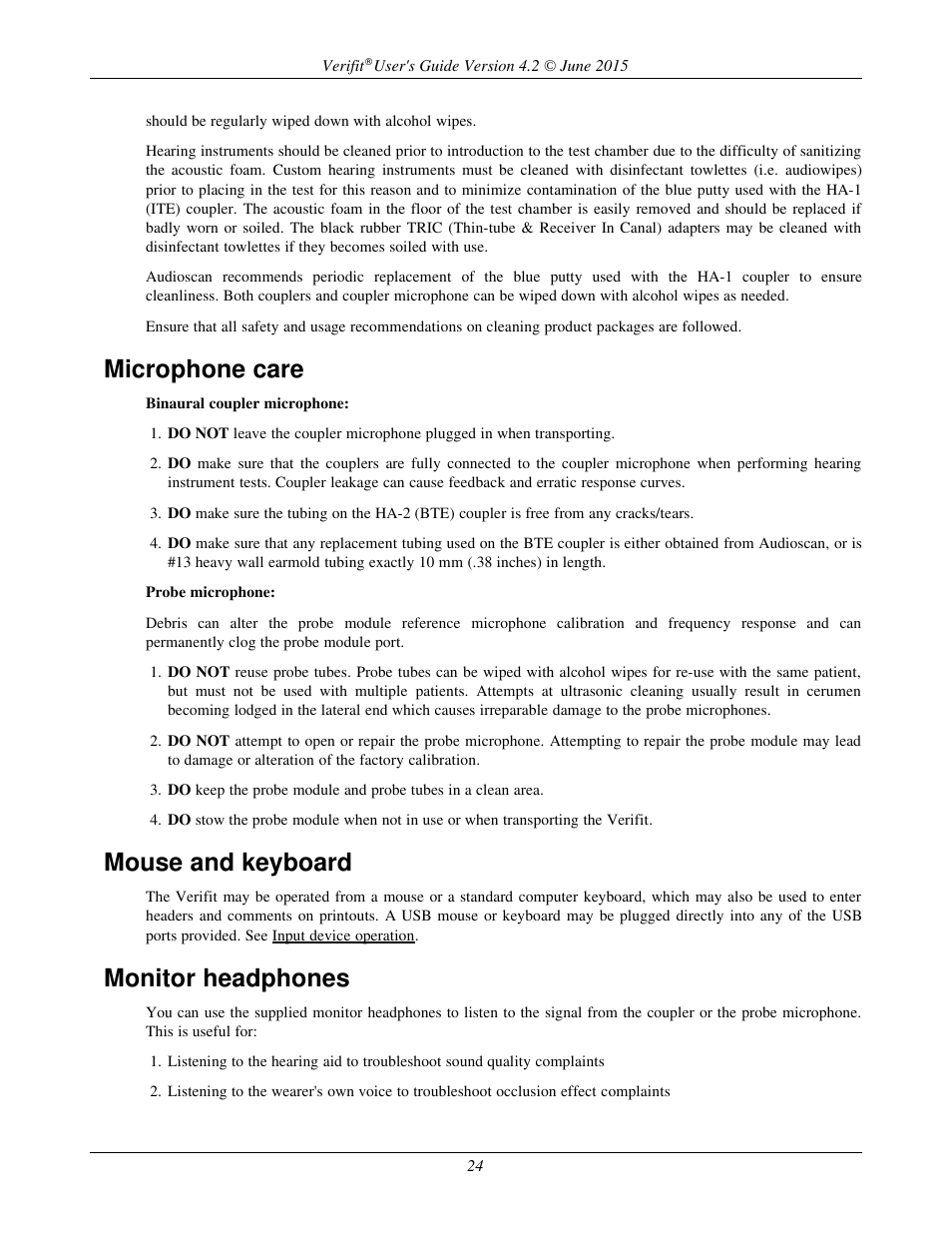 Microphone care, Mouse and keyboard, Monitor headphones | Audioscan Verifit 2 User Manual | Page 24 / 156