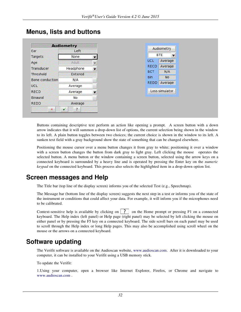 Menus, lists and buttons, Screen messages and help, Software updating | Audioscan Verifit 2 User Manual | Page 32 / 156